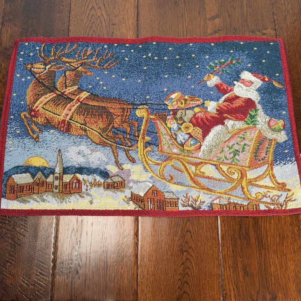 Set of 2 Vintage Christmas Tapestry Placemats | Santa & Reindeer Woven Holiday